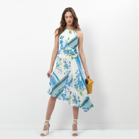 Donna Morgan Floral Chiffon High/Low Halter Midi Dress NWT 6 - Picture 1 of 6